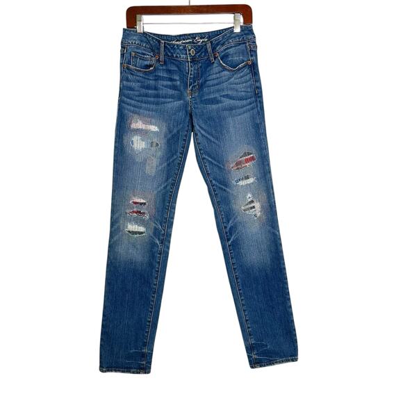American Eagle Women's Size 10 Distressed Faded Patched Ripped Boho Skinny Jeans - Picture 1 of 9